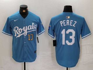 Men's MLB Kansas City Royals #13 Salvador Perez Light Blue Gold Number Cool Base Nike Stitched Baseball Jersey