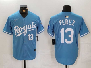 Men's MLB Kansas City Royals #13 Salvador Perez Light Blue White Number Cool Base Nike Stitched Baseball Jersey