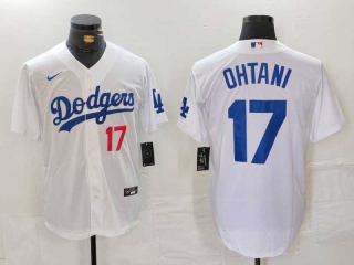 Men's MLB Los Angeles Dodgers #17 Shohei Ohtani White Red Number Cool Base Stitched Baseball Jersey