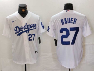 Men's MLB Los Angeles Dodgers #27 Trevor Bauer White Blue Number Cool Base Stitched Baseball Jersey