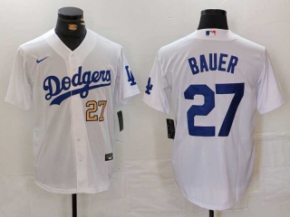 Men's MLB Los Angeles Dodgers #27 Trevor Bauer White Gold Number Cool Base Stitched Baseball Jersey