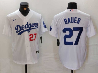 Men's MLB Los Angeles Dodgers #27 Trevor Bauer White Red Number Cool Base Stitched Baseball Jersey