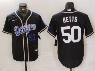 Men's MLB Los Angeles Dodgers #50 Mookie Betts Black Blue Number Cool Base Stitched Baseball Jersey