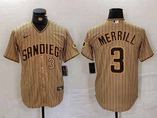 Men's MLB San Diego Padres #3 Jackson Merrill Tan Gold Number NEW 2023 Cool Base Stitched Baseball Jersey