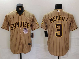 Men's MLB San Diego Padres #3 Jackson Merrill Tan Logo NEW 2023 Cool Base Stitched Baseball Jersey