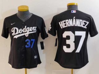 Women's MLB Los Angeles Dodgers #37 Teoscar Hernandez Black Blue Number Cool Base Stitched Nike Jersey