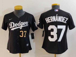 Women's MLB Los Angeles Dodgers #37 Teoscar Hernandez Black Gold Number Cool Base Stitched Nike Jersey