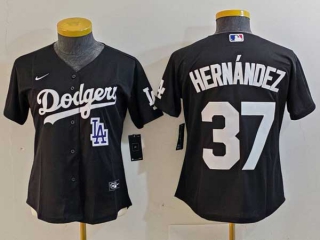 Women's MLB Los Angeles Dodgers #37 Teoscar Hernandez Black Logo Cool Base Stitched Nike Jersey