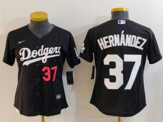 Women's MLB Los Angeles Dodgers #37 Teoscar Hernandez Black Red Number Cool Base Stitched Nike Jersey