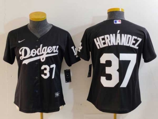 Women's MLB Los Angeles Dodgers #37 Teoscar Hernandez Black White Number Cool Base Stitched Nike Jersey