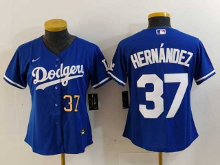 Women's MLB Los Angeles Dodgers #37 Teoscar Hernandez Blue Gold Number Cool Base Stitched Nike Jersey