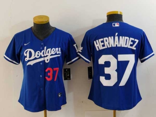 Women's MLB Los Angeles Dodgers #37 Teoscar Hernandez Blue Red Number Cool Base Stitched Nike Jersey