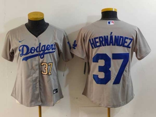 Women's MLB Los Angeles Dodgers #37 Teoscar Hernandez Gray Gold Number Cool Base Stitched Nike Jersey