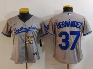 Women's MLB Los Angeles Dodgers #37 Teoscar Hernandez Gray Gold Number Cool Base Stitched Nike Jerseys