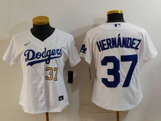 Women's MLB Los Angeles Dodgers #37 Teoscar Hernandez White Gold Number Cool Base Stitched Nike Jersey