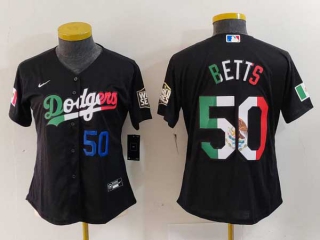 Women's MLB Los Angeles Dodgers #50 Mookie Betts Mexico Black Blue Number Cool Base Stitched Nike Jersey