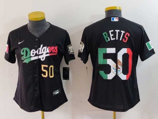 Women's MLB Los Angeles Dodgers #50 Mookie Betts Mexico Black Gold Number Cool Base Stitched Nike Jersey