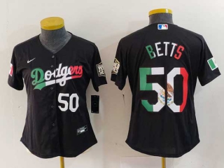 Women's MLB Los Angeles Dodgers #50 Mookie Betts Mexico Black White Number Cool Base Stitched Nike Jersey