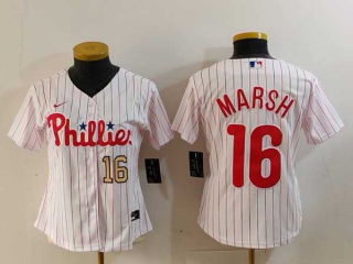 Women's MLB Philadelphia Phillies #16 Brandon Marsh White Gold Number Pinstripe Stitched Cool Base Nike Jersey