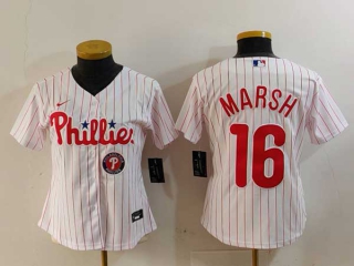 Women's MLB Philadelphia Phillies #16 Brandon Marsh White Logo Pinstripe Stitched Cool Base Nike Jersey