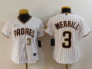 Women's MLB San Diego Padres #3 Jackson Merrill White Gold Number Cool Base Stitched Nike Jersey