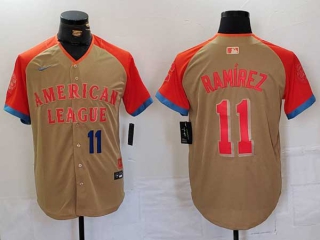 Men's MLB Cleveland Guardians #11 Jose Ramirez Cream Blue Number 2024 All Star American League Limited Stitched Nike Jersey