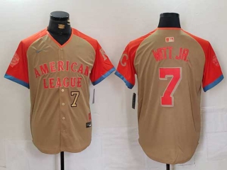 Men's MLB Kansas City Royals #7 Bobby Witt Jr Cream Gold Number 2024 All Star American League Limited Stitched Nike Jersey