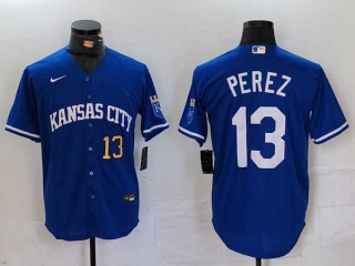 Men's MLB Kansas City Royals #13 Salvador Perez Royal Gold Number Cool Base Stitched Nike Baseball Jersey