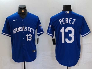 Men's MLB Kansas City Royals #13 Salvador Perez Royal White Number Cool Base Stitched Nike Baseball Jersey