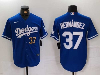 Men's MLB Los Angeles Dodgers #37 Teoscar Hernandez Blue Gold Number Cool Base Stitched Nike Baseball Jersey