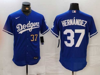 Men's MLB Los Angeles Dodgers #37 Teoscar Hernandez Blue Gold Number Flex Base Stitched Nike Baseball Jersey