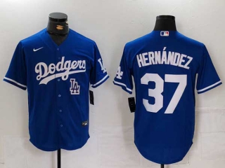 Men's MLB Los Angeles Dodgers #37 Teoscar Hernandez Blue Logo Cool Base Stitched Nike Baseball Jersey