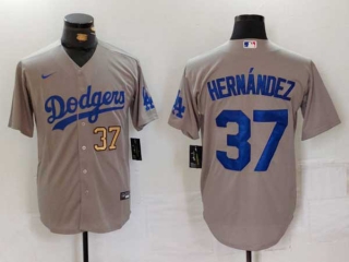 Men's MLB Los Angeles Dodgers #37 Teoscar Hernandez Gray Gold Number Cool Base Stitched Nike Baseball Jersey