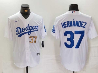 Men's MLB Los Angeles Dodgers #37 Teoscar Hernandez White Gold Number Cool Base Stitched Nike Baseball Jersey