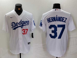 Men's MLB Los Angeles Dodgers #37 Teoscar Hernandez White Red Number Cool Base Stitched Nike Baseball Jersey