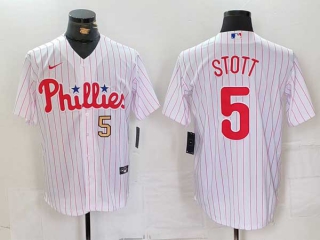 Men's MLB Philadelphia Phillies #5 Bryson Stott White Gold Number Pinstripe Stitched Cool Base Jersey