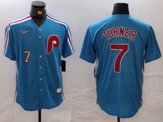 Men's MLB Philadelphia Phillies #7 Trea Turner Blue Gold Number Cooperstown Throwback Cool Base Nike Jersey