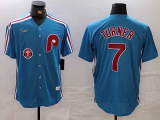 Men's MLB Philadelphia Phillies #7 Trea Turner Blue Logo Cooperstown Throwback Cool Base Nike Jersey