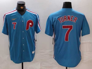 Men's MLB Philadelphia Phillies #7 Trea Turner Blue Red Number Cooperstown Throwback Cool Base Nike Jersey