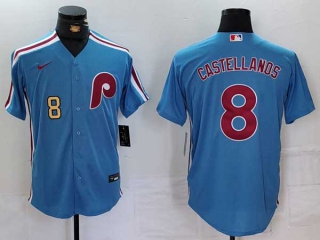 Men's MLB Philadelphia Phillies #8 Nick Castellanos Blue Gold Number Cool Base Stitched Nike Baseball Jersey