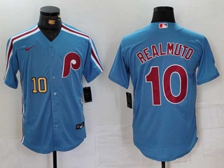 Men's MLB Philadelphia Phillies #10 J.T. Realmuto Blue Gold Number Cool Base Stitched Nike Baseball Jersey