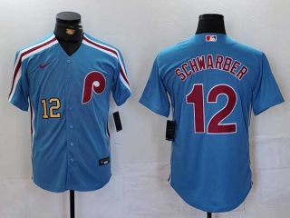 Men's MLB Philadelphia Phillies #12 Kyle Schwarber Blue Gold Number Cool Base Stitched Nike Baseball Jersey