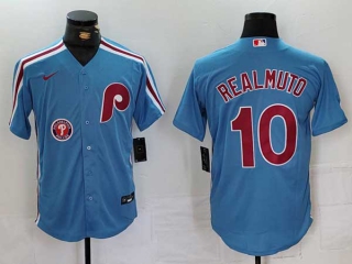 Men's MLB Philadelphia Phillies #10 J.T. Realmuto Blue Logo Cool Base Stitched Nike Baseball Jersey