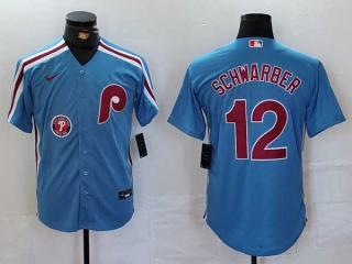 Men's MLB Philadelphia Phillies #12 Kyle Schwarber Blue Logo Cool Base Stitched Nike Baseball Jersey