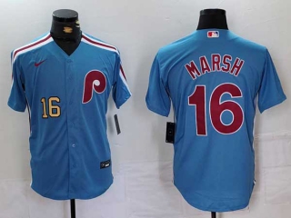 Men's MLB Philadelphia Phillies #16 Brandon Marsh Blue Gold Number Cool Base Stitched Nike Baseball Jersey