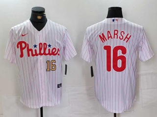 Men's MLB Philadelphia Phillies #16 Brandon Marsh White Gold Number Pinstripe Stitched Cool Base Jersey