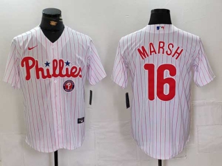 Men's MLB Philadelphia Phillies #16 Brandon Marsh White Logo Pinstripe Stitched Cool Base Jersey