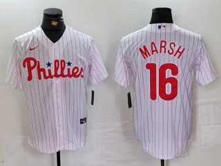 Men's MLB Philadelphia Phillies #16 Brandon Marsh White Pinstripe Stitched Cool Base Jersey