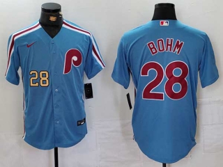 Men's MLB Philadelphia Phillies #28 Alec Bohm Blue Gold Number Cool Base Stitched Nike Baseball Jersey