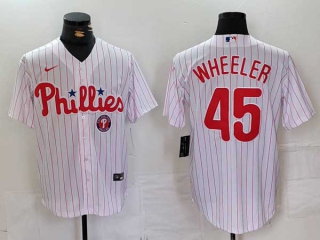 Men's MLB Philadelphia Phillies #45 Zack Wheeler White Logo Pinstripe Stitched Cool Base Jersey